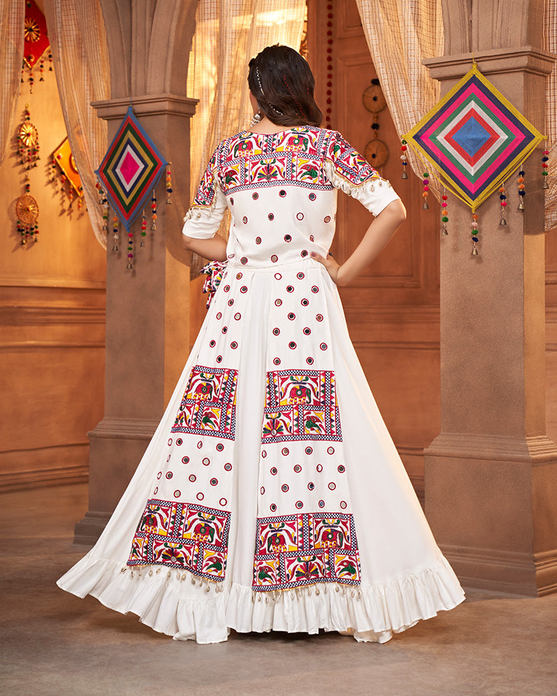 White Color Viscose Rayon Frill And Real Mirror Work Navratri Lehenga Choli