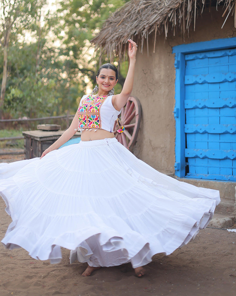 White Color Rayon Frill And Embroidered Navratri Lehenga