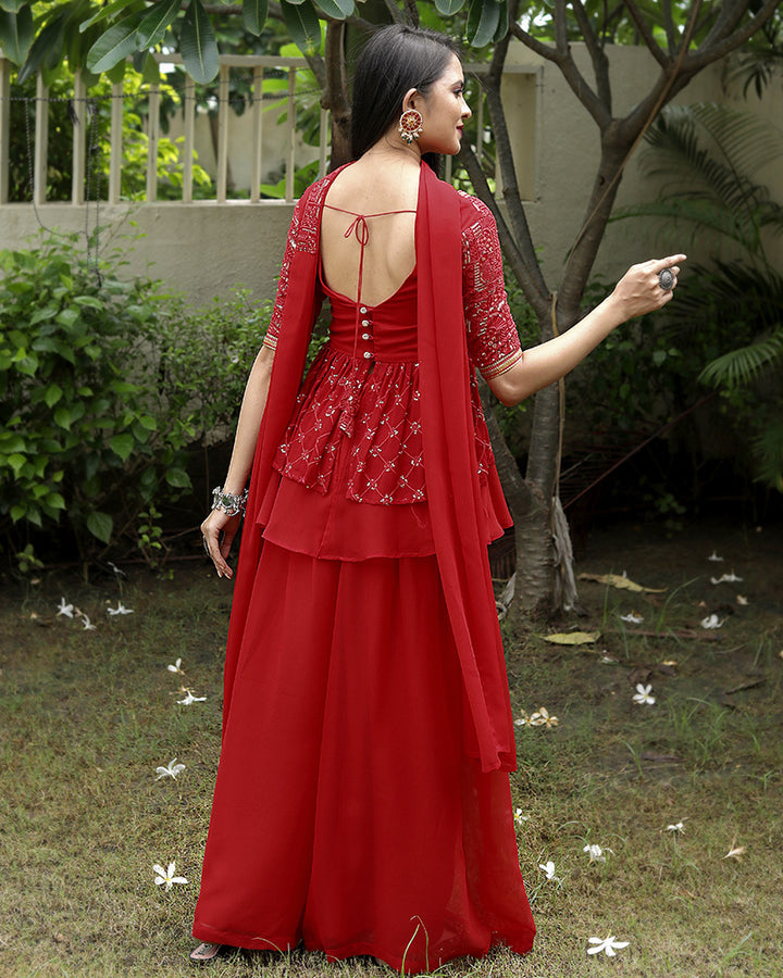 Red Color Faux Georgette Three Piece Sharara Suit