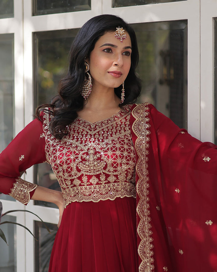 Designer Ruby Red Color Gown With Sequence Embroidered Dupatta