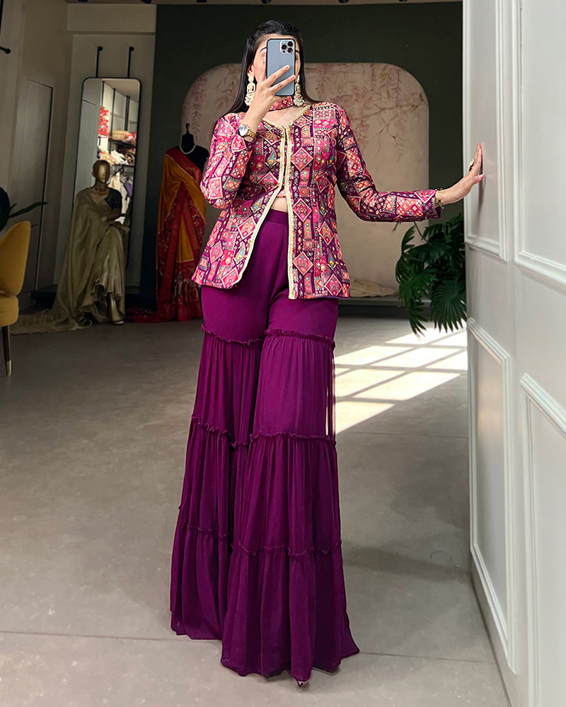 Purple Color Jacquard Silk Kurti With Georgette Plazzo Suit