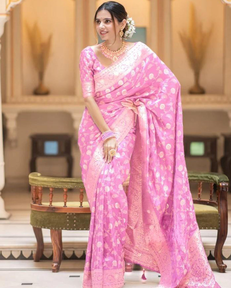 Designer Pink Color Zari Work Banarasi Silk  Saree