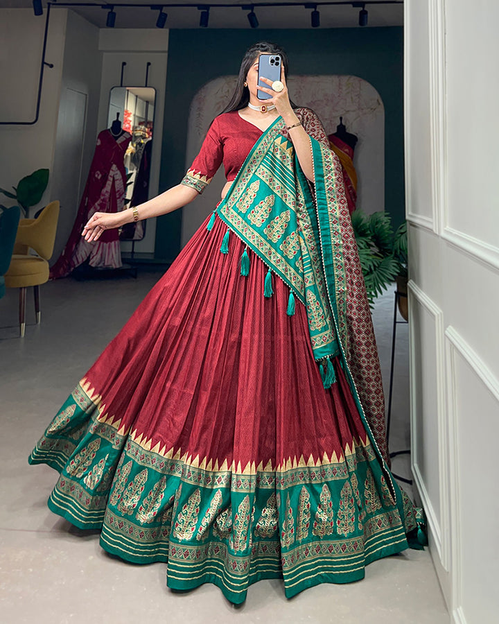 Red Color Tussar Silk Foil Print Designer Semi Stitched Lehenga Choli