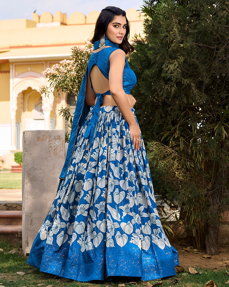 Royal Blue Color Floral And Foil Print Tussar Silk Lehenga Choli