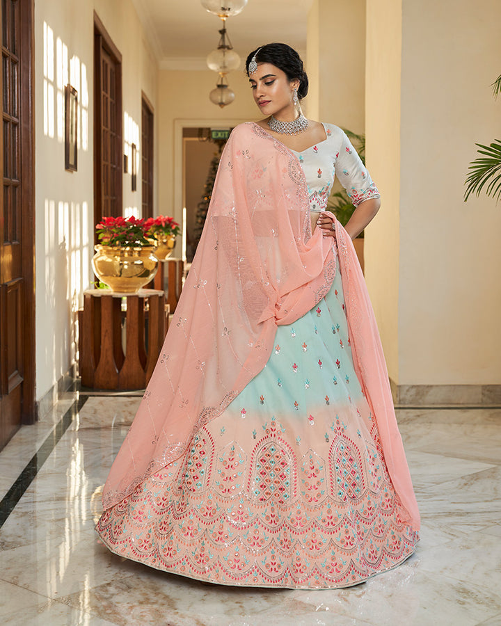 Art Silk Sky And peach Color Lehenga Choli