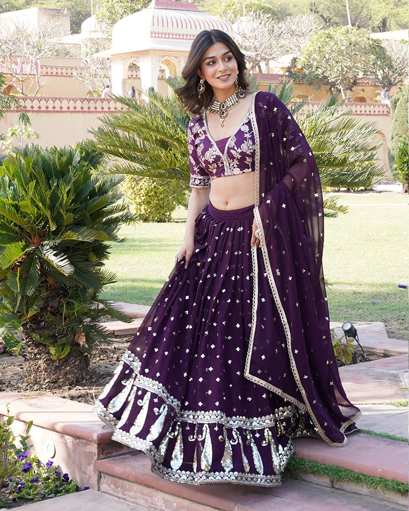 Wedding Wear Wine Color Blooming Embroidery Lehenga Choli