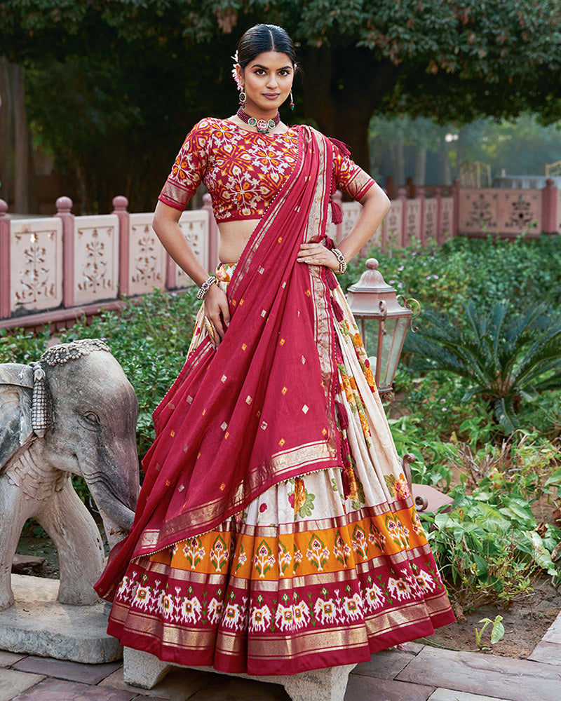 Red Color Tussar Silk Floral And Patola Print Lehenga Choli