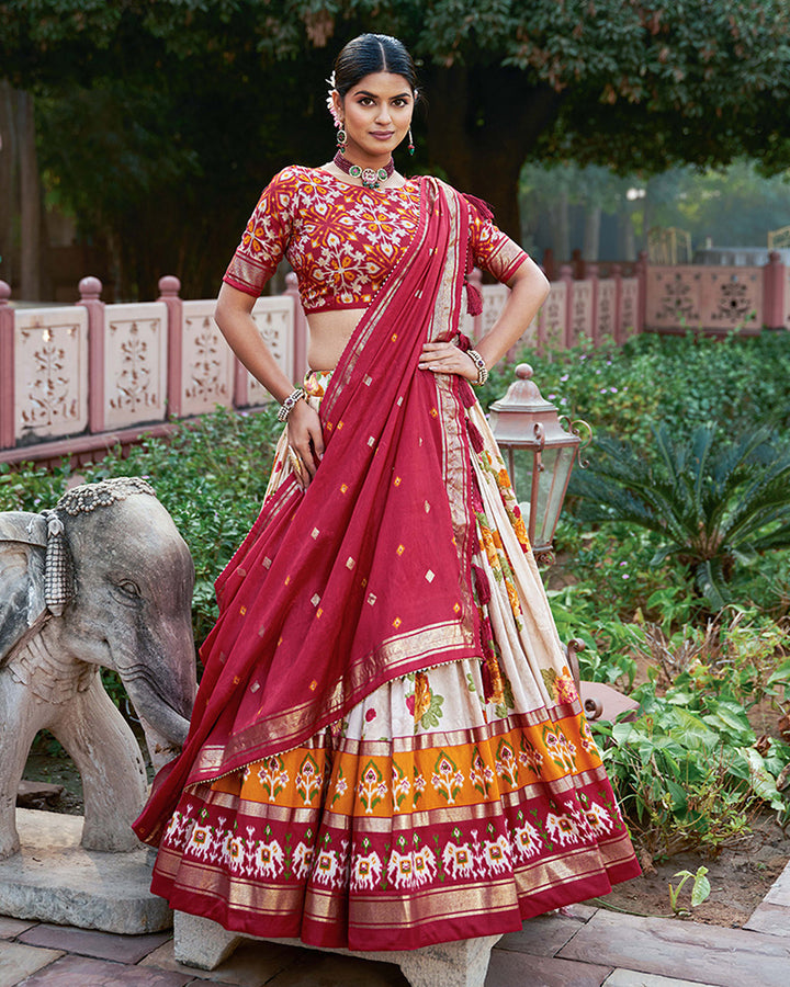 Red Color Tussar Silk Floral And Patola Print Lehenga Choli