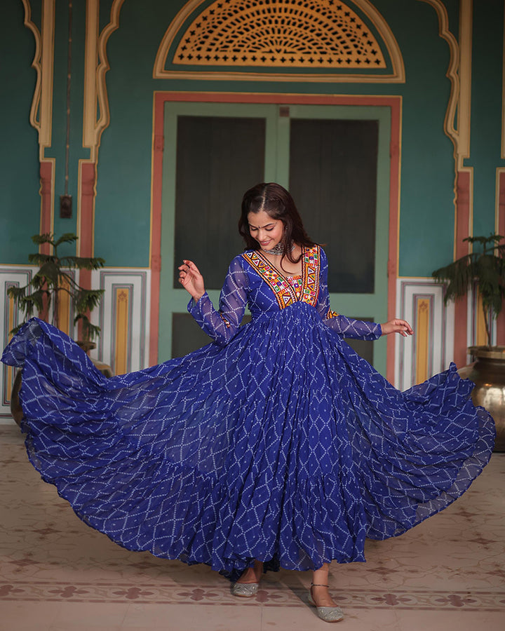 Navratri Special Blue Color Faux Georgette Bandhej Gown