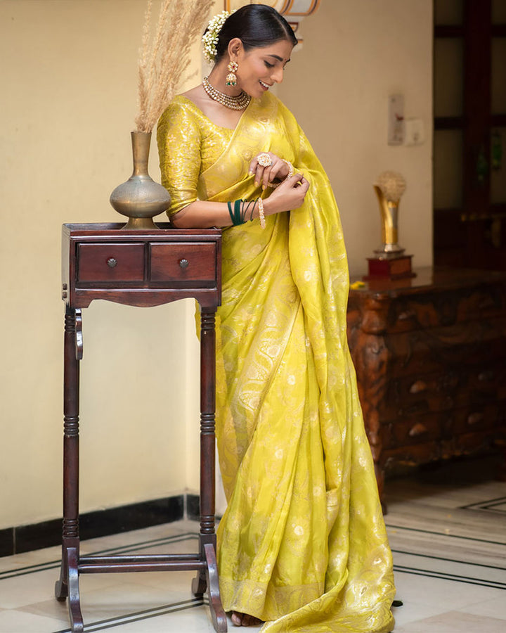 Designer Lemon Color Jacquard Weaving Banarasi Silk Saree