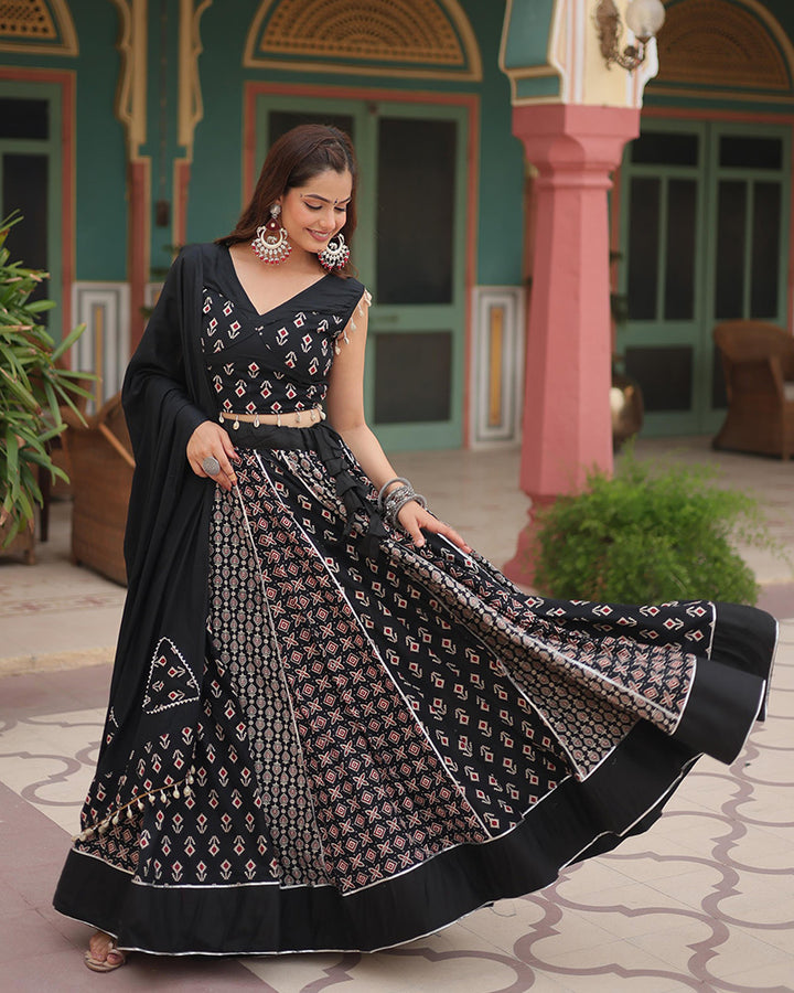 Navratri Wear Black Color Rayon Kali Pattern Printed Lehenga Choli