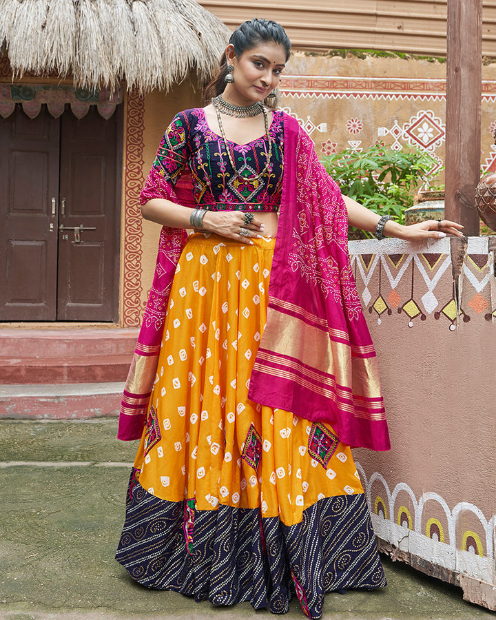 Yellow Color Maslin Cotton Fully Stitched Navratri Lehenga Choli