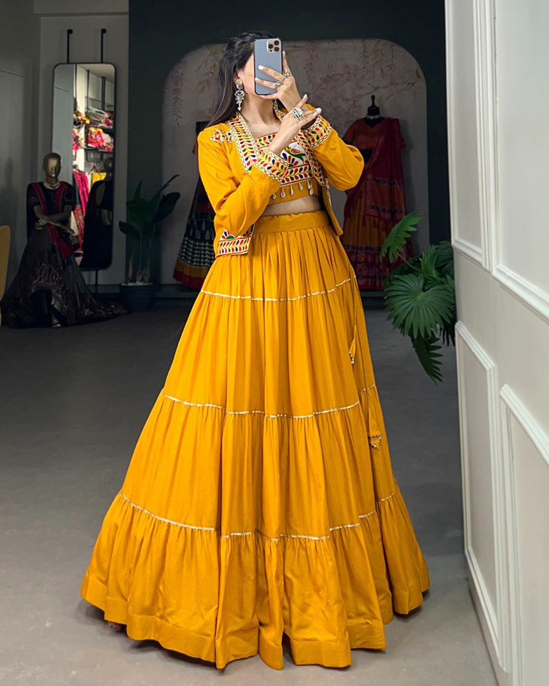 Mustard Color Pure Rayon Frill And Gamthi Work Navratri Lehenga Choli