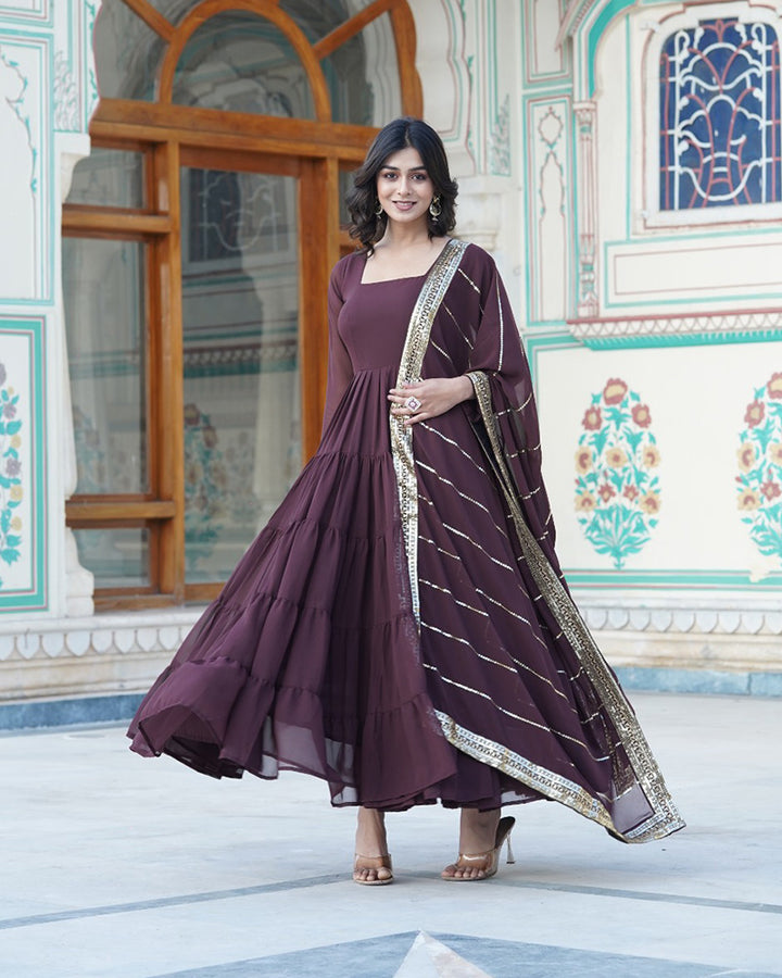 Brown Color Georgette Frill Anarkali Gown With Heavy Dupatta Work