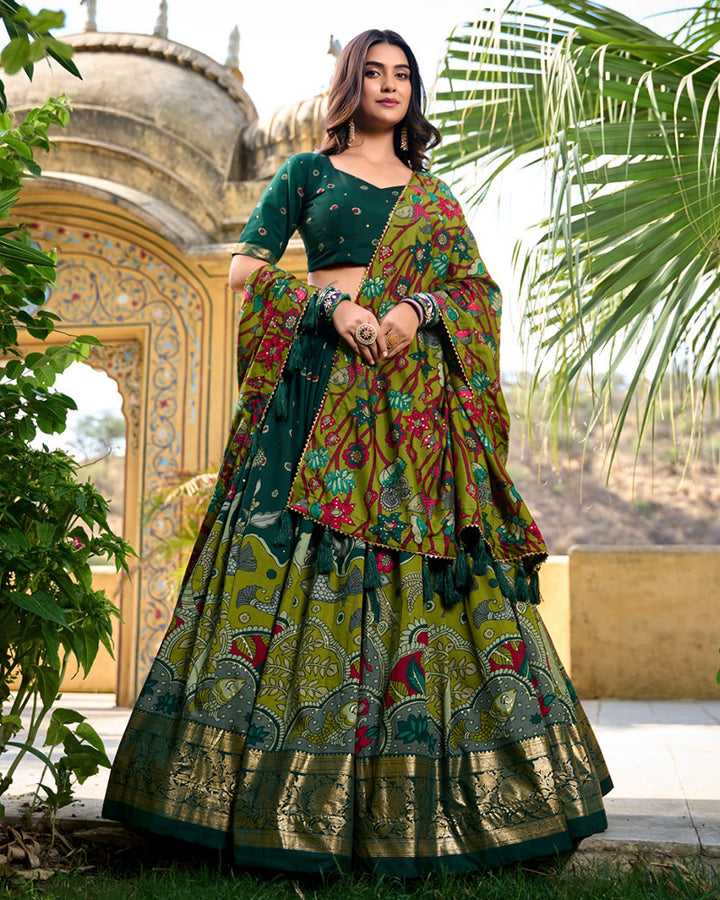 Kalamkari Print Green Color Tussar Silk Lehenga Choli