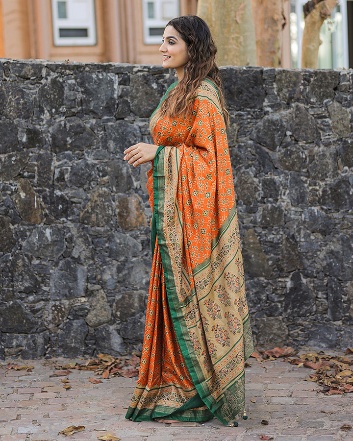 Orange Color Foil Print Stone Work Dola Silk Saree