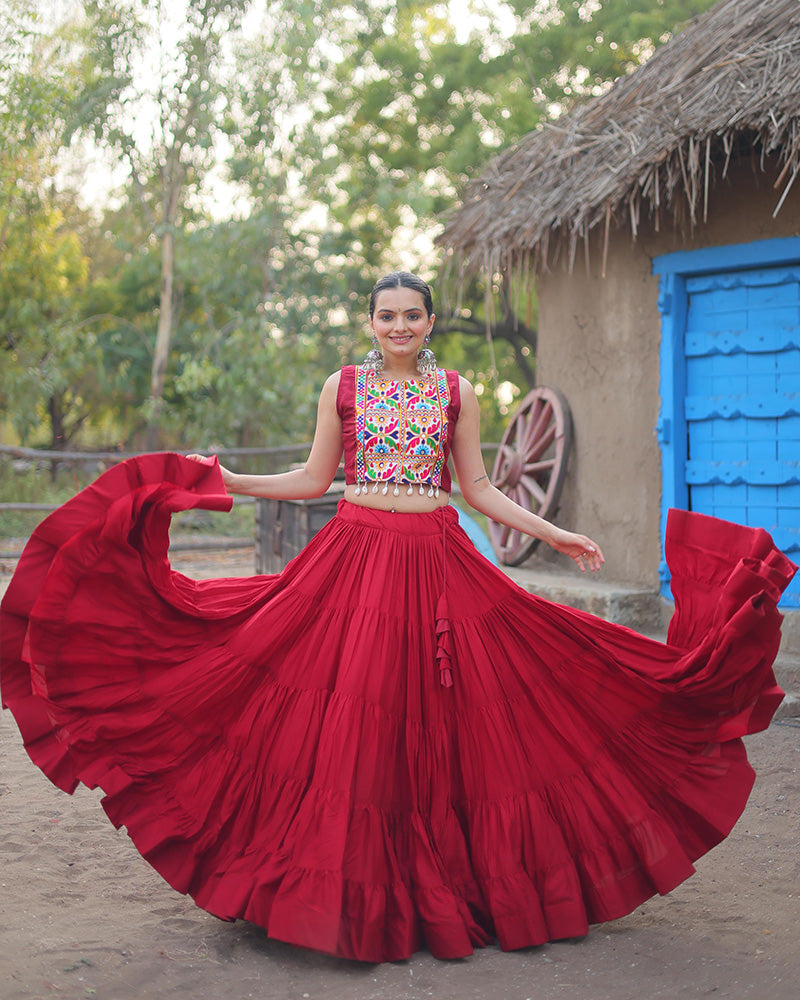 Maroon Color Rayon Frill And Embroidered Navratri Lehenga Choli