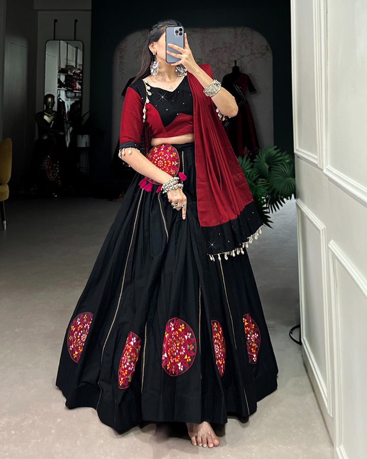 Red And Black Color Pure Cotton Gamthi Work Navratri Lehenga Choli