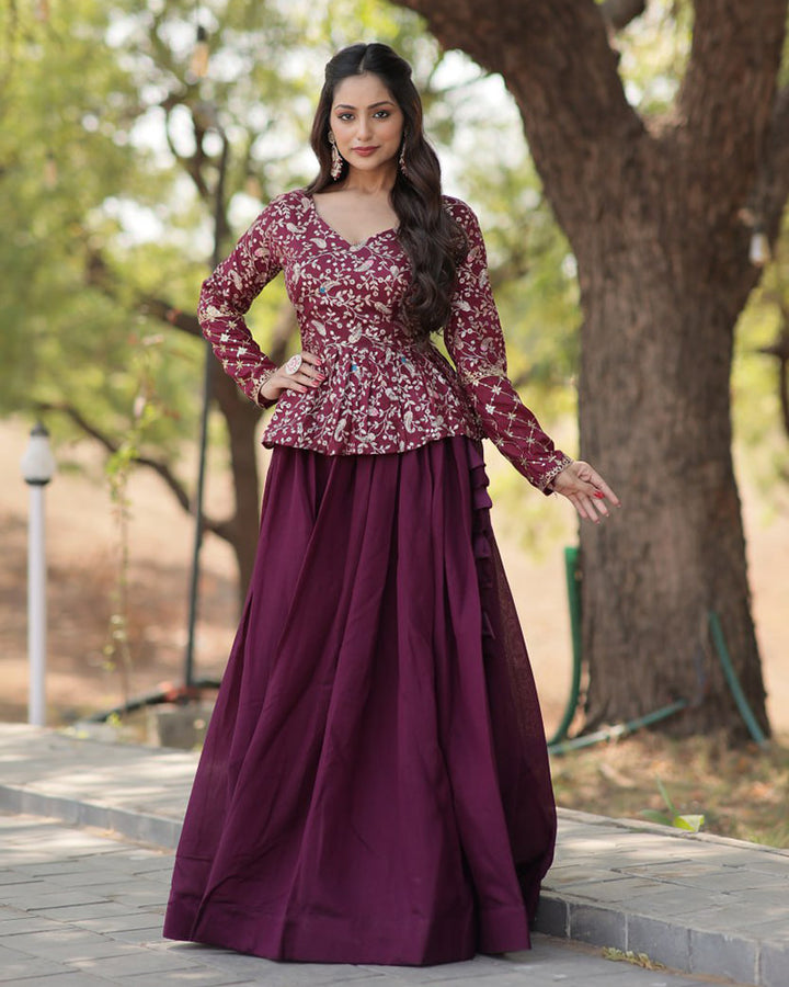 Designer Wine Color Vichitra Shimmer Crop Top Lehenga Choli