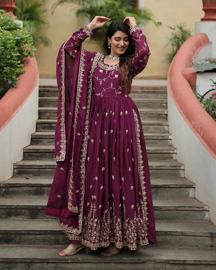 Wine Color Chinon Embroidered Sharara Suit