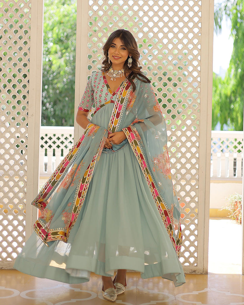 Sky Blue Color Faux Georgette Embroidered Alia Cut Gown With Dupatta