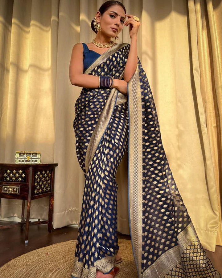 Designer Navy Blue Color Zari Weaving Banarasi Silk Saree