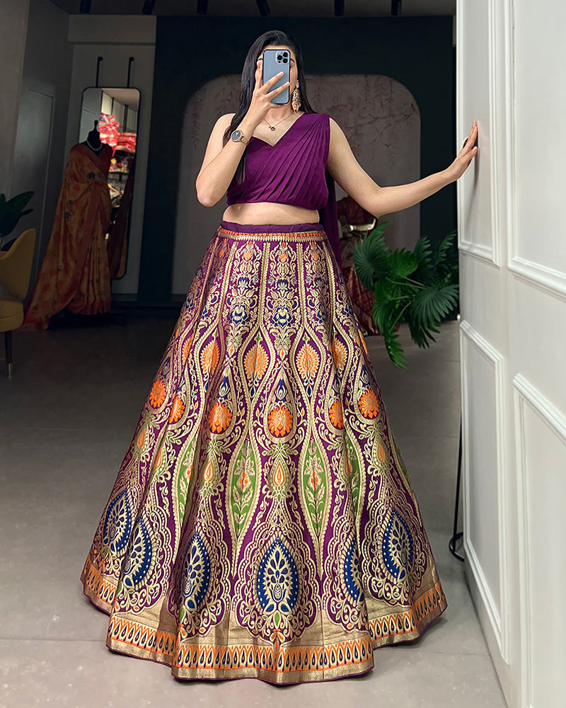 Wine Color Beautiful Banarasi Silk Full Stitched Lehenga Choli