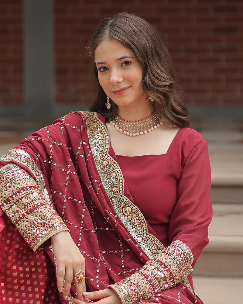 Maroon Color Jacquard And Georgette Three Piece Plazzo Suit