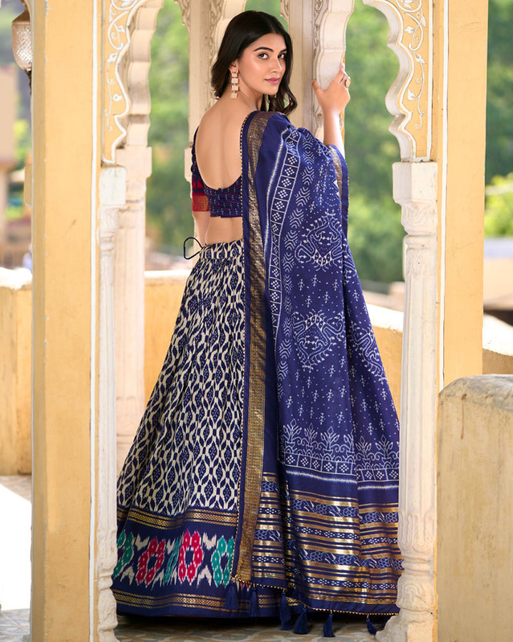 Navy Blue Color Tussar Silk Ikkat And Foil Work Lehenga Choli