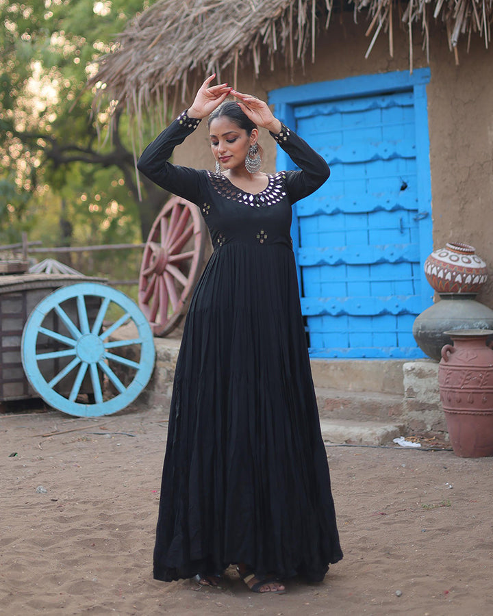 Navratri Special Black Color Reyon Mirror Work Gown