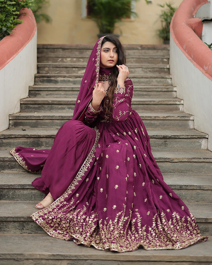 Wine Color Chinon Embroidered Sharara Suit