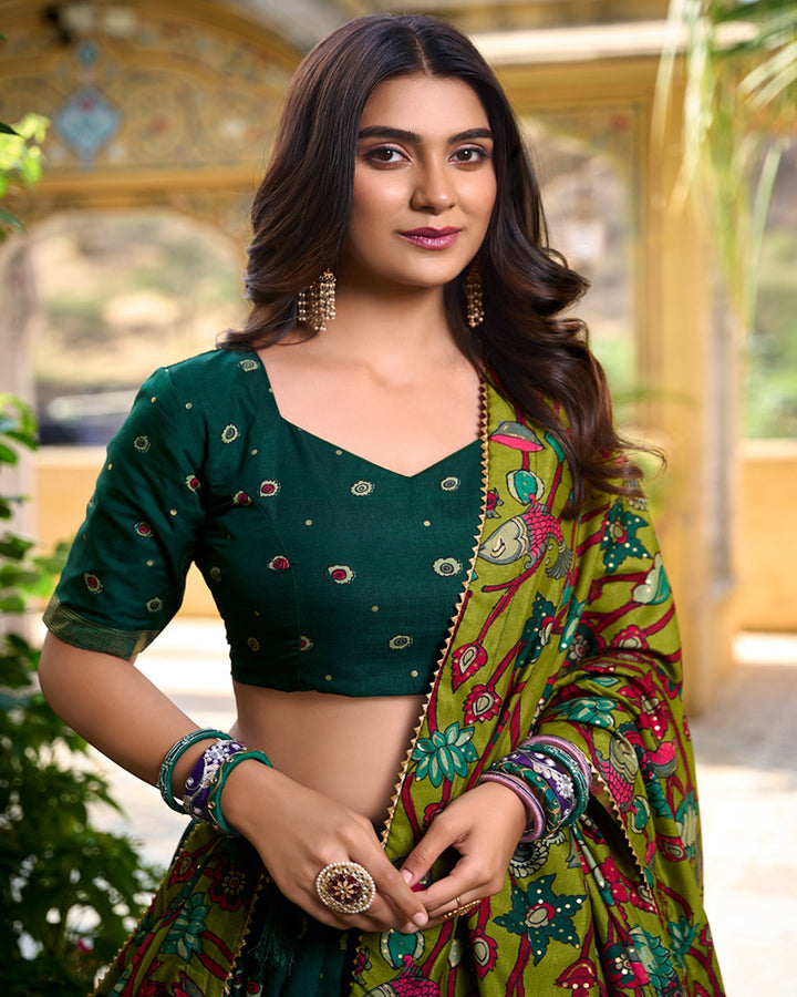 Kalamkari Print Green Color Tussar Silk Lehenga Choli