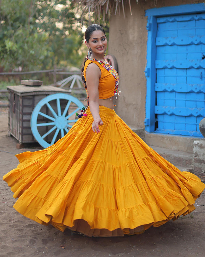 Mustard Color Rayon Frill And Embroidered Navratri Lehenga Choli