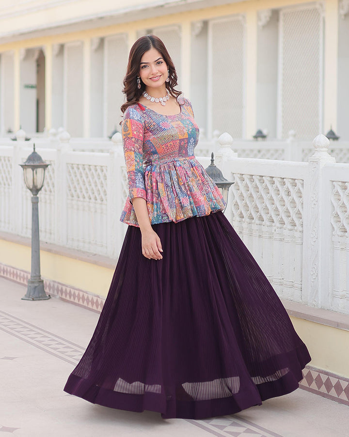 Wine Color Faux Blooming Crop Top Lehenga Choli