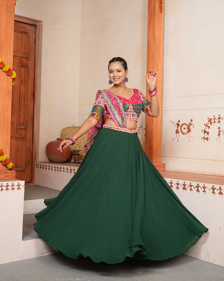 Green Color Georgette Embroidered Navratri Lehenga Choli