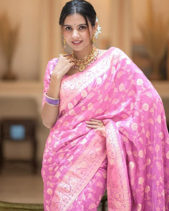 Designer Pink Color Zari Work Banarasi Silk  Saree