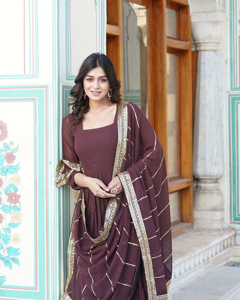 Brown Color Georgette Frill Anarkali Gown With Heavy Dupatta Work