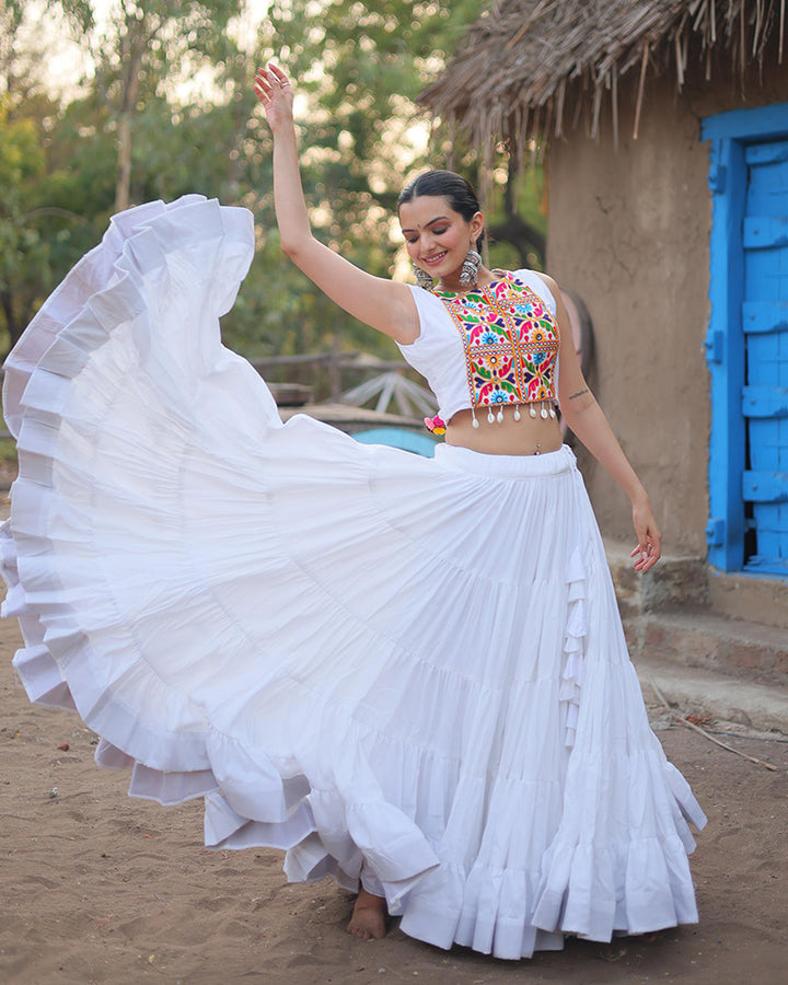 White Color Rayon Frill And Embroidered Navratri Lehenga