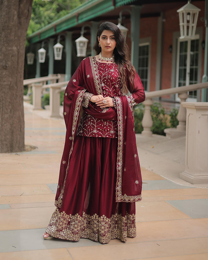 Maroon Color Rangoli Silk Three Piece Plazzo Suit