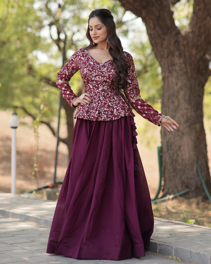 Designer Wine Color Vichitra Shimmer Crop Top Lehenga Choli