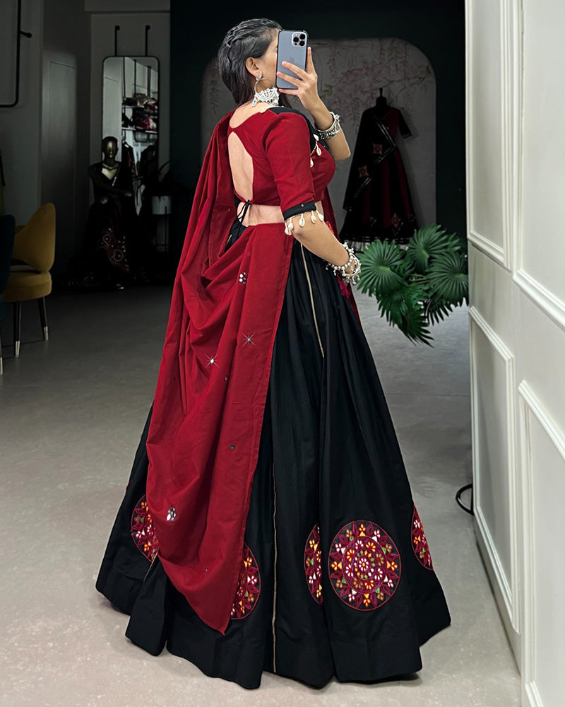 Red And Black Color Pure Cotton Gamthi Work Navratri Lehenga Choli