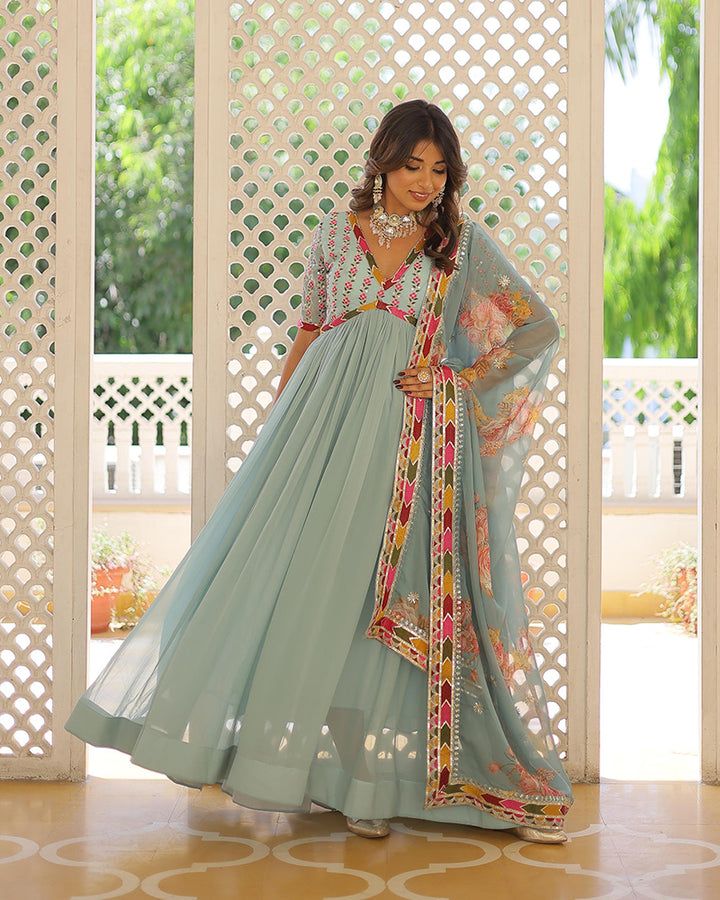 Sky Blue Color Faux Georgette Embroidered Alia Cut Gown With Dupatta