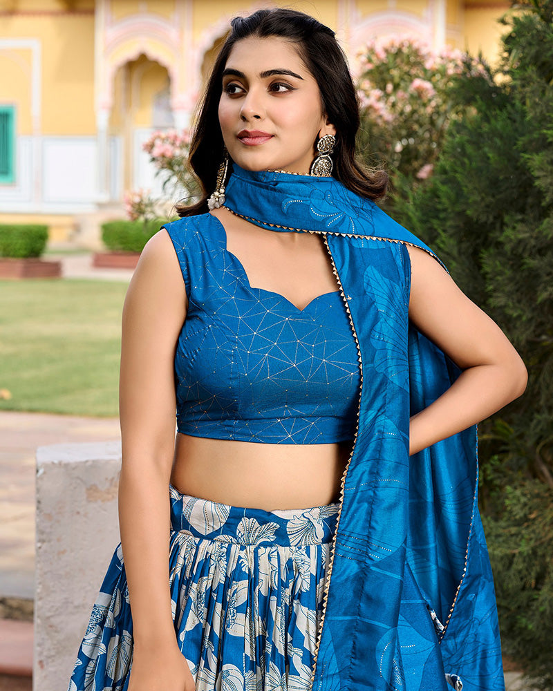 Royal Blue Color Floral And Foil Print Tussar Silk Lehenga Choli