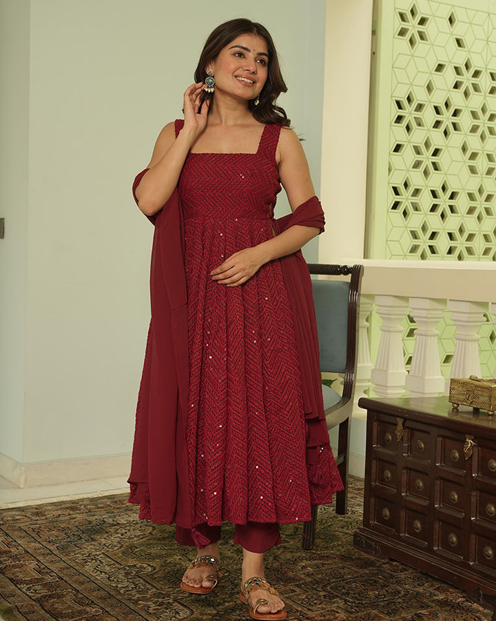 Maroon Color Soft Georgette Embroidered Lucknowi Salwar Suit