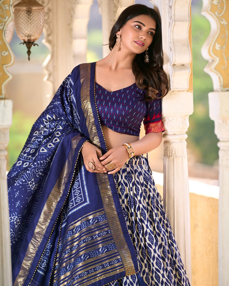 Navy Blue Color Tussar Silk Ikkat And Foil Work Lehenga Choli