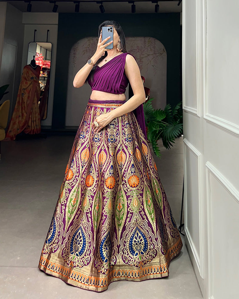 Wine Color Beautiful Banarasi Silk Full Stitched Lehenga Choli