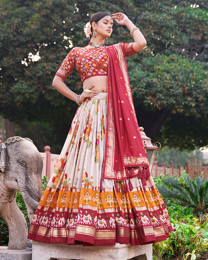 Red Color Tussar Silk Floral And Patola Print Lehenga Choli