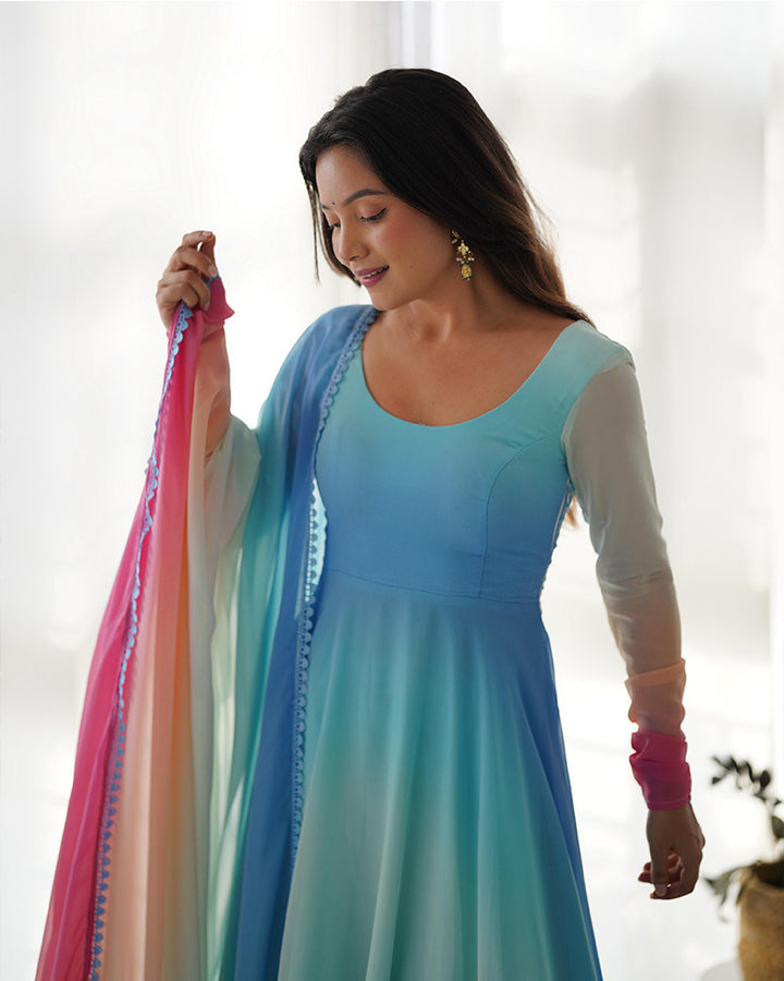 Multi Color Georgette Anarkali With Pant And Dupatta