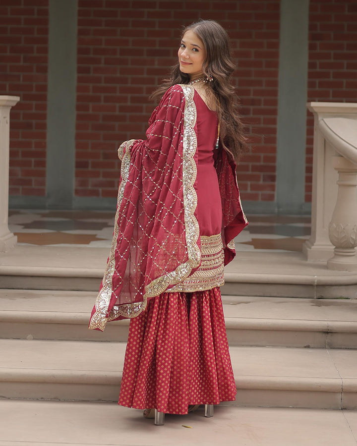 Maroon Color Jacquard And Georgette Three Piece Plazzo Suit