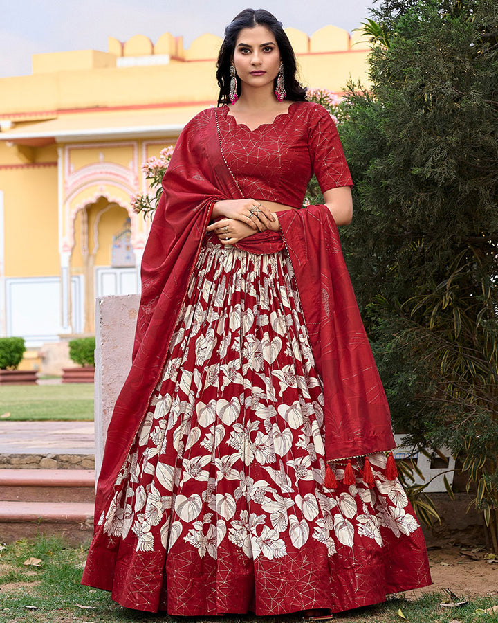 Red Color Floral And Foil Print Tussar Silk Lehenga Choli